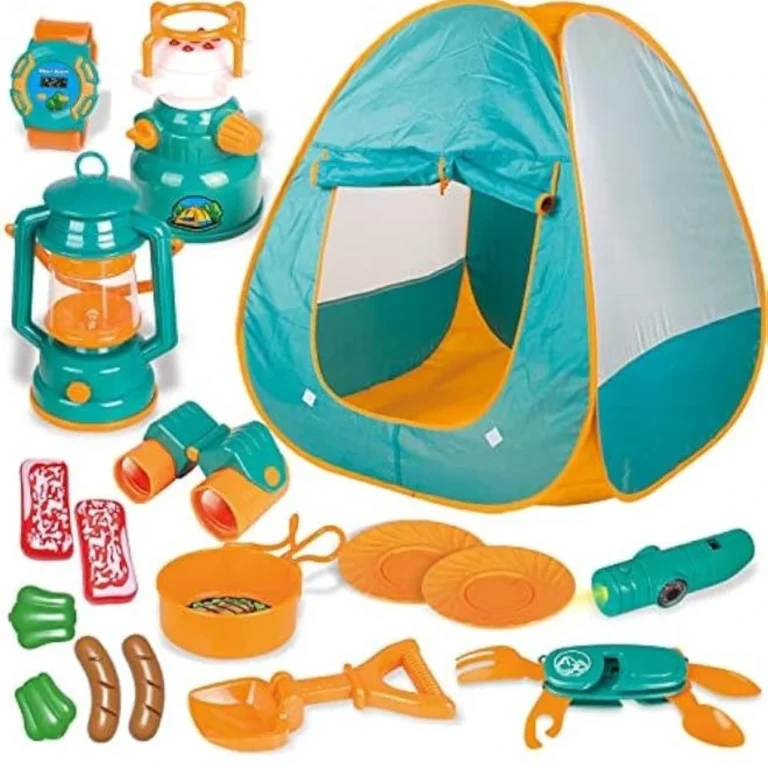 Kids Pop Up Play Tent with Camping Gear Outdoor Toy Tools Set