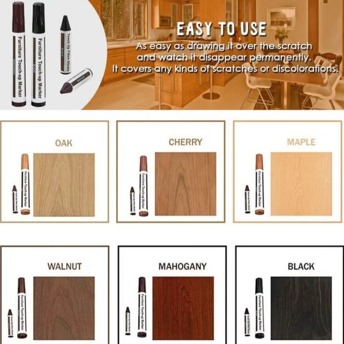 Total Furniture Repair Kit – 17-Piece Touch-Up Set with Markers & Wax Sticks - Image 2